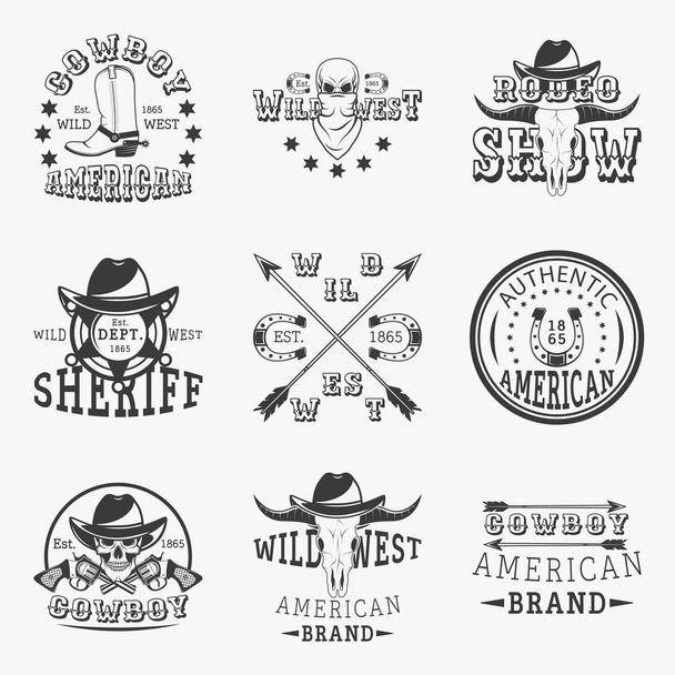 Wilder Westen, Rodeoshow, Sheriff, Cowboy-Set mit Vintage-Emblemen, Etiketten, Abzeichen und Logos im monochromen Stil auf weißem Hintergrund - Vektor, Bild