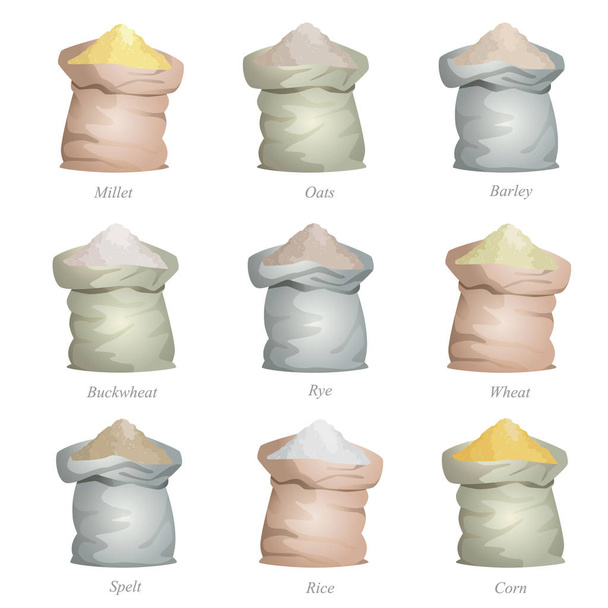 Ongebonden zakken met granen meel - Vector, afbeelding