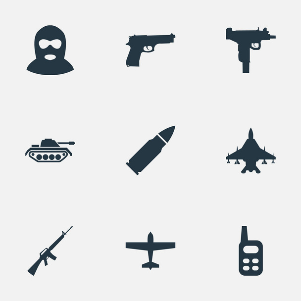 Vektoros illusztráció csoportja ikonok egyszerű Terror. Elemek nehéz fegyver, lőfegyver, pisztoly és más szinonimák nehéz harci és bombázó. - Vektor, kép