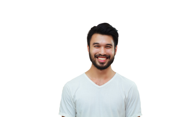 Ázsiai jóképű férfi a bajusz, mosolyogva és nevetve elkülönítése - Fotó, kép
