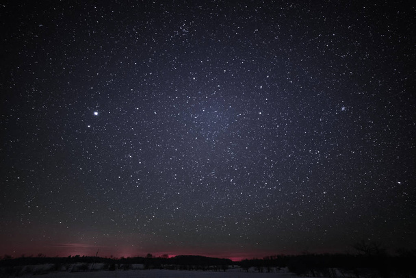 Paesaggio rurale invernale di notte con alberi e stelle
 - Foto, immagini