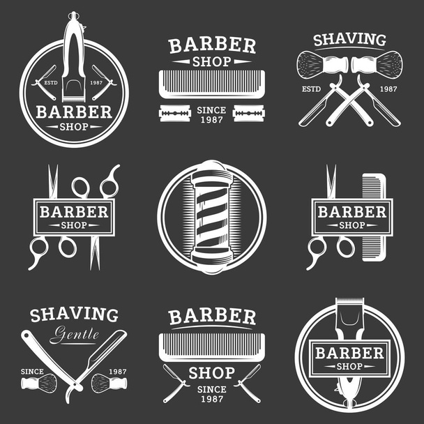 Barbearia conjunto de emblemas vetor vintage, rótulos, emblemas e logotipos em estilo monocromático sobre fundo branco
 - Vetor, Imagem