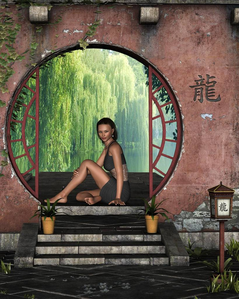 Young Asian Woman sitting at a lakeside window. - Foto, afbeelding