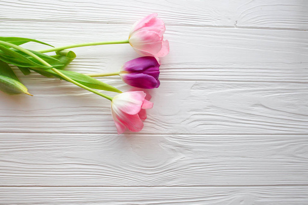 Wooden white background and pink tulips.  March 8, Mother's Day. - Photo, Image