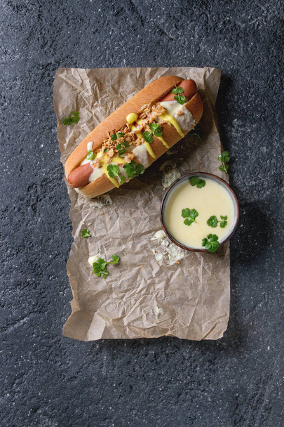 Hot dog with cheese sauce and mustard - Fotografie, Obrázek