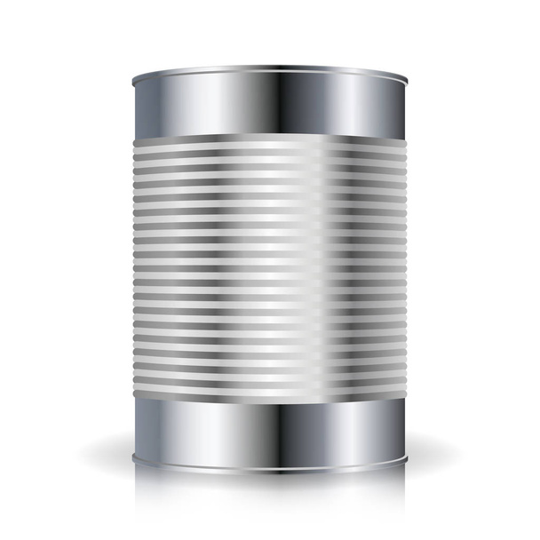 Vector de latas metálicas. Alimentos lata de metal acanalado de lata de lata, comida enlatada. En blanco para tu diseño. Plantilla de embalaje de producto vacía realista con sombra y reflexión
 - Vector, Imagen