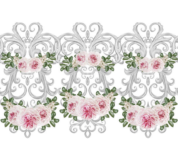 Seamless pattern border. Openwork weaving delicate, silver background, shiny lace, vintage old style arabesques. Edging decorative. Bouquets flower garland of pink pastel roses. - Photo, Image