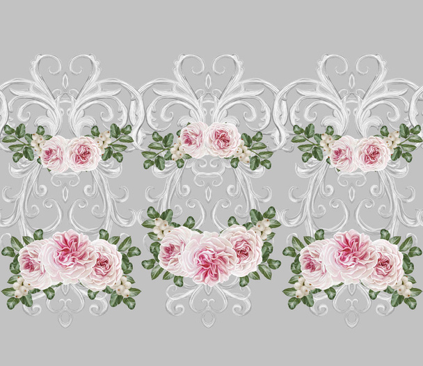 Seamless pattern border. Openwork weaving delicate, silver background, shiny lace, vintage old style arabesques. Edging decorative. Bouquets flower garland of pink pastel roses. - Fotografie, Obrázek