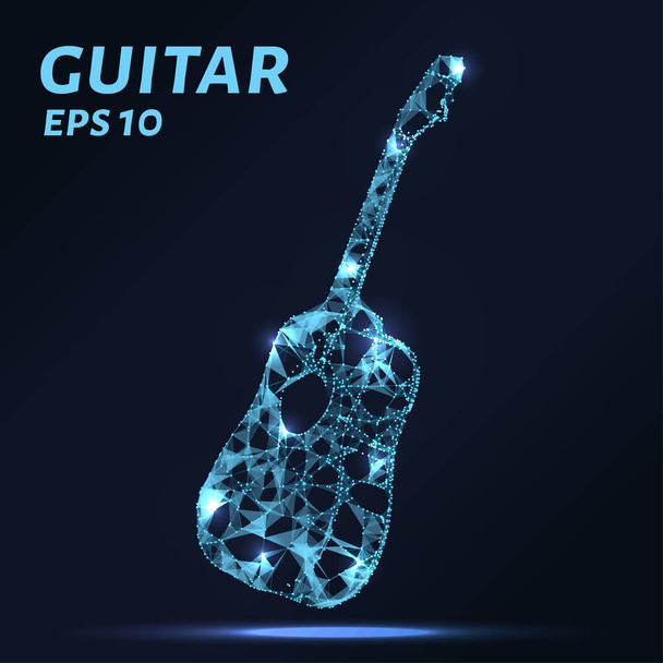 The guitar is composed of points, lines and triangles. The polygon shape in the form of a silhouette of a guitar on a dark background. Vector illustration. Graphic concept guitar - Vector, Imagen