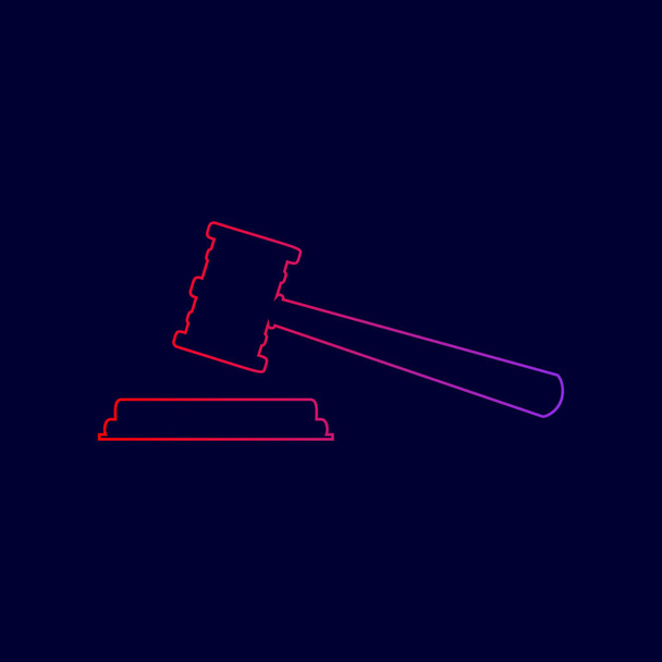 Justitie hamer teken. Vector. Lijn pictogram met gradiënt van rood naar violet kleuren op donkere blauwe achtergrond. - Vector, afbeelding