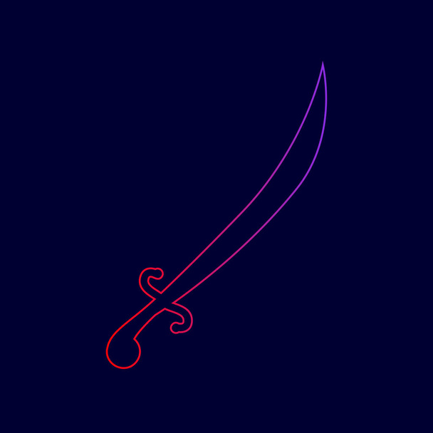 Illustration de signe d'épée. Vecteur. Icône de ligne avec dégradé de rouge à violet sur fond bleu foncé
. - Vecteur, image