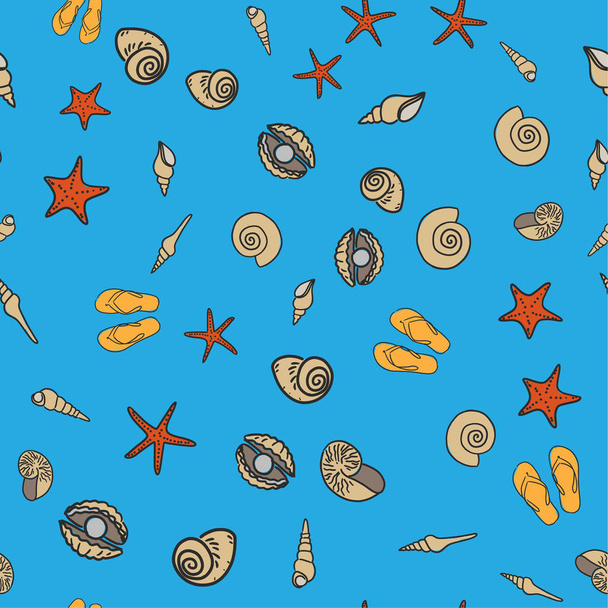 vector seamless sea shells background, painted by hand  - Vektor, obrázek
