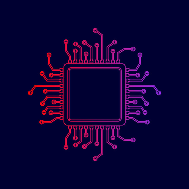 Иллюстрация микропроцессора CPU. Вектор. Значок линии с градиентом от красного до фиолетового цветов на темно-синем фоне
. - Вектор,изображение