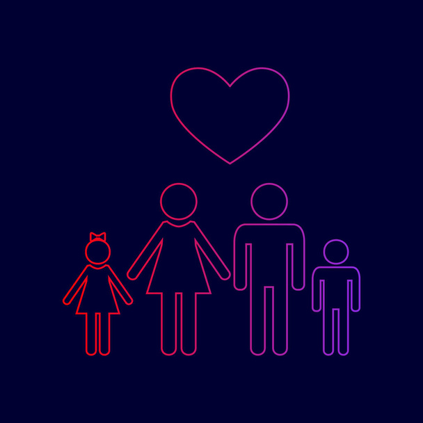 Perheen symboli sydämellä. Aviomiestä ja vaimoa pidetään lasten käsissä. Rakkaudesta. Vektori. Line kuvake kaltevuus punaisesta violettiin värit tummansininen tausta
. - Vektori, kuva