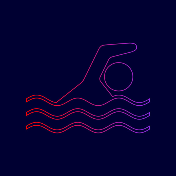 Πισίνα νερό αθλητισμού σημάδι. Διάνυσμα. Εικονίδιο γραμμή με διαβάθμιση από κόκκινο σε μοβ χρώματα σε σκούρο μπλε φόντο. - Διάνυσμα, εικόνα