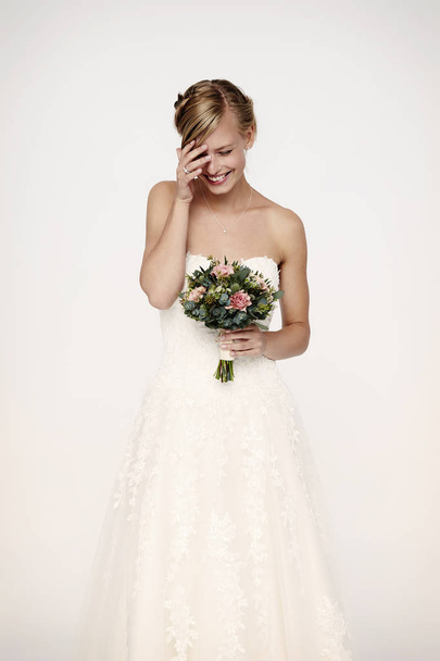 Laughing bride with flowers - Zdjęcie, obraz