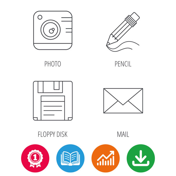 Photo camera, pencil and mail icons. - Διάνυσμα, εικόνα