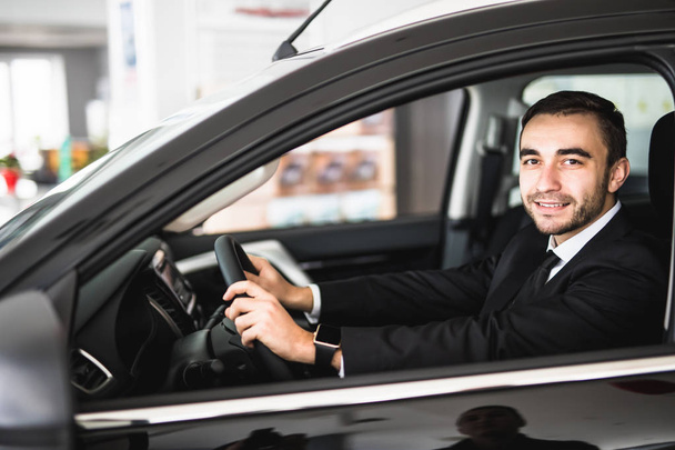 Attractive elegant happy man drive good car - Fotoğraf, Görsel