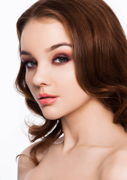Beauty red eyes pink lips makeup fashion model - Foto, Imagen