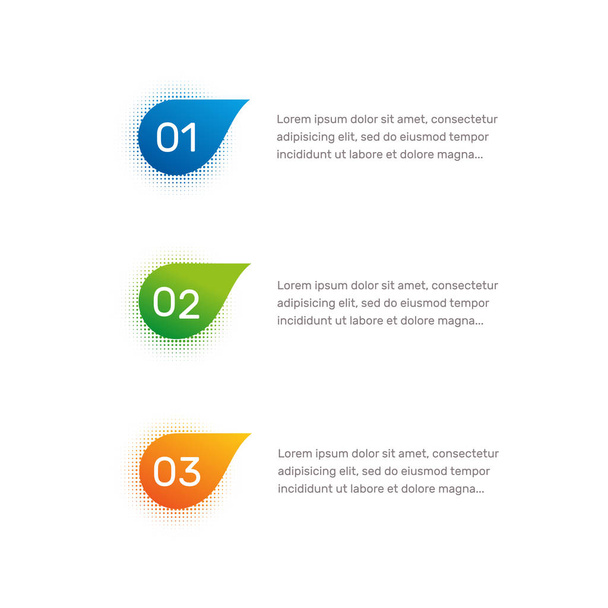 Lay-out de werkstroom. Een overzicht van kleurrijke menu voor app interface. Aantal opties. Webdesign van knoppen elementen. Infographics 1. 2. 3. vector sjabloon. Afbeelding van de tekst. - Vector, afbeelding