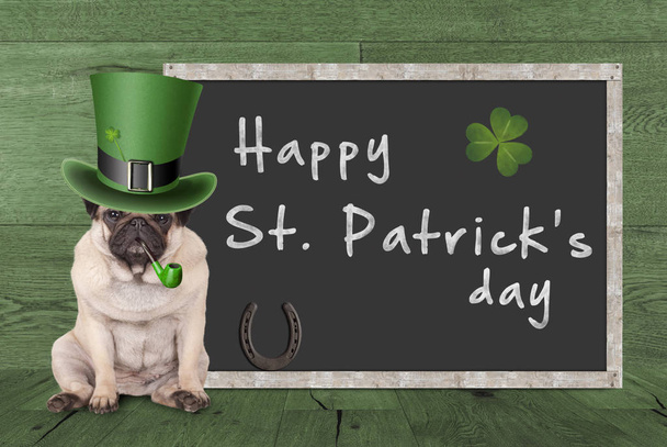 St patrick's day yasaktır boru, at nalı ve yonca, sonraki boş yazı tahtası işaretiyle yeşil ahşap arka plan üzerinde oturan cüce şapkalı güzel pug köpek yavrusu - Fotoğraf, Görsel