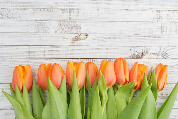 Red tulips over wooden background - Photo, image