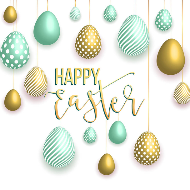 Happy easter template with gold ribbon and eggs, frame, green background and gold confetti. Vector illustration.  - ベクター画像