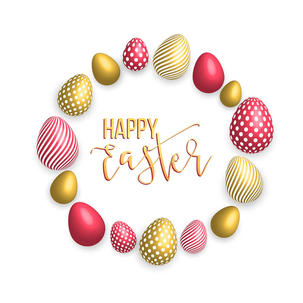 Happy easter template with gold ribbon and eggs, frame, green background and gold confetti. Vector illustration.  - Vektör, Görsel