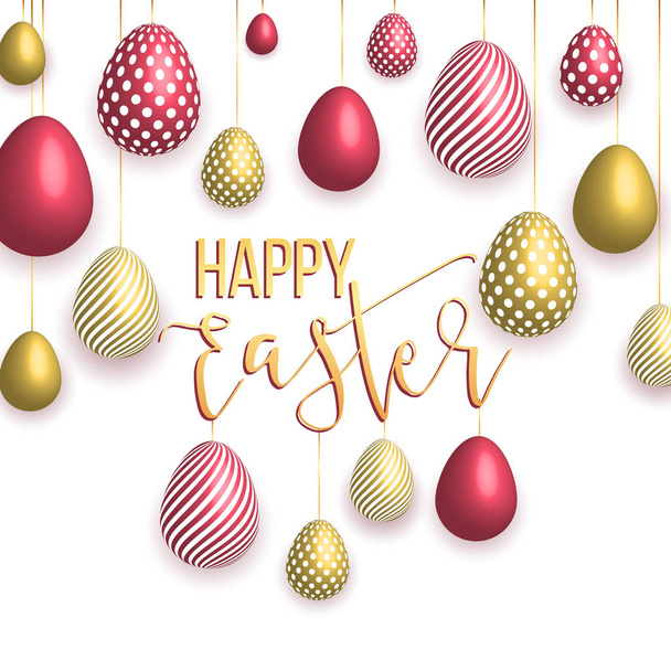 Happy easter template with gold ribbon and eggs, frame, green background and gold confetti. Vector illustration.  - Vettoriali, immagini