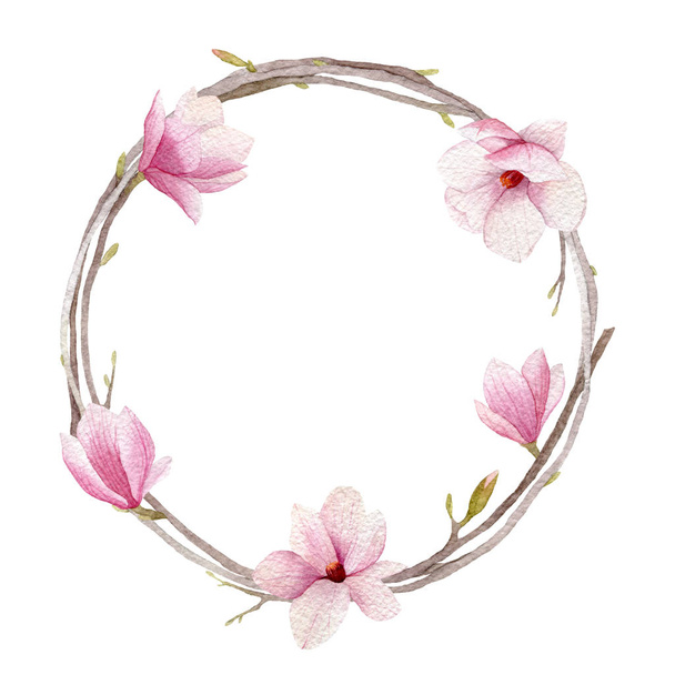 Watercolor magnolia wreath isolated on white background. - Photo, image