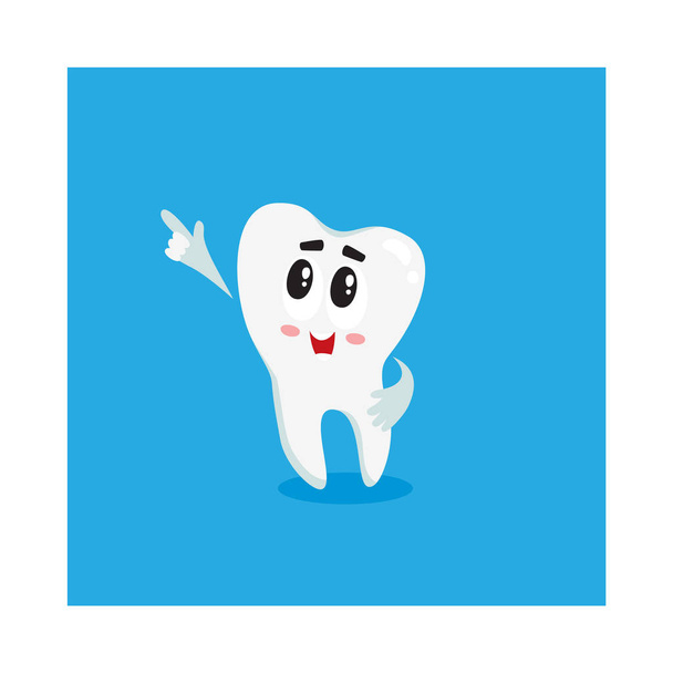 Funny shiny white tooth character pointing to something with finger - Vecteur, image