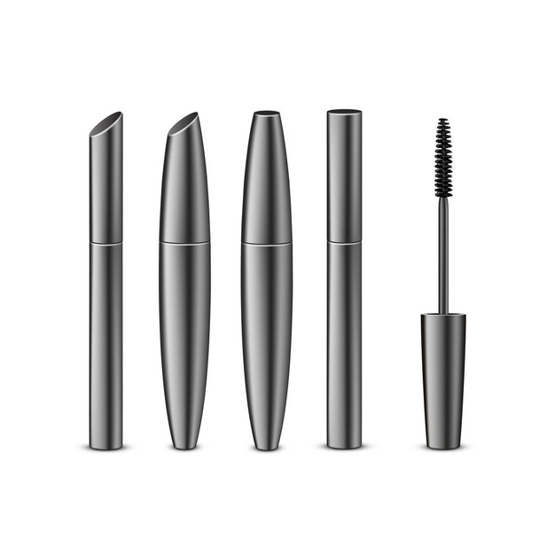 Vector Set of Different Closed Black Realistic Mascara in Dark Shiny Tubes with Brush Isolated on White Background - Vector, Image