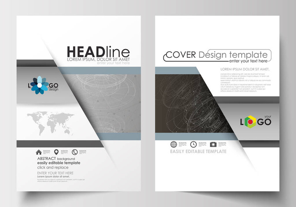 Business templates for brochure, magazine, flyer. Cover design template, flat layout in A4 size. Abstract 3D construction and polygonal molecules on gray background, scientific technology vector. - Vector, Image
