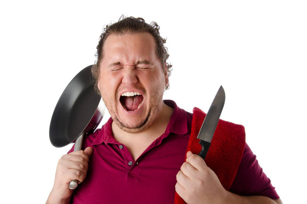 Funny fat cook. White background.  - Foto, Imagen