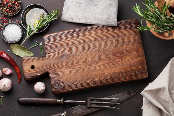 cutting board, herbs, spices and utensils - Photo, Image