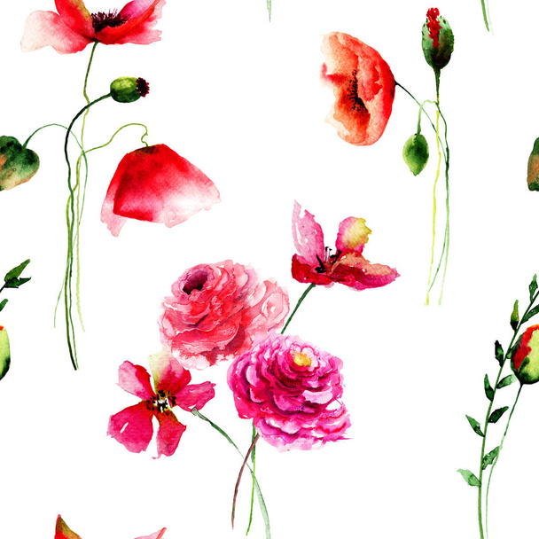 Seamless pattern with Beautiful Poppy and Gerbera flowers - Fotografie, Obrázek
