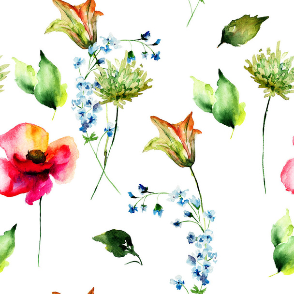 Seamless pattern with Stylized Lily, Poppy and Gerber flowers - Fotoğraf, Görsel