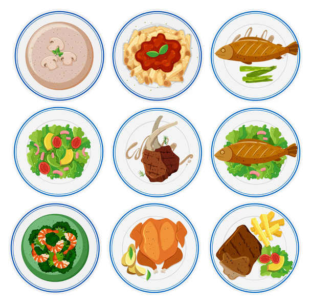 Different types of food on round plates - Vector, Image