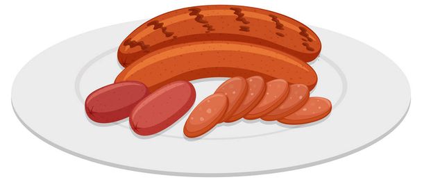 Grilled sausages on round plate - Vector, Image