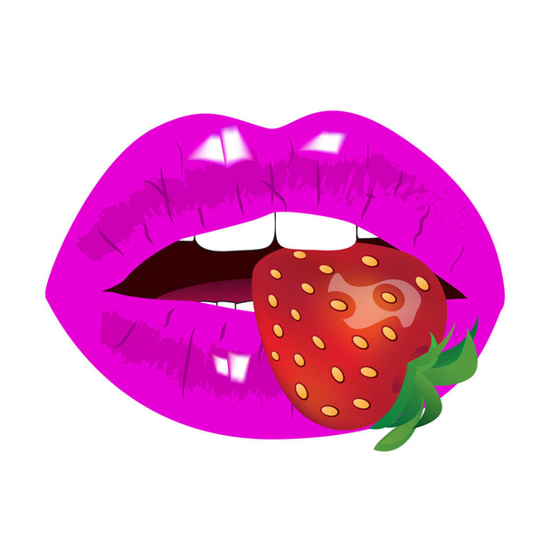 Frau rosa Lippen mit Erdbeere. Vektorillustration - Vektor, Bild