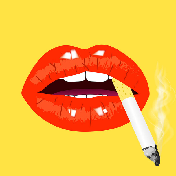 Red lips with cigarette on yellow background. Smoking sign, vector illustration. - Vector, Image