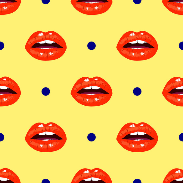 nahtloses Muster mit roten Lippen und Punkten auf gelbem Hintergrund. - Vektor, Bild