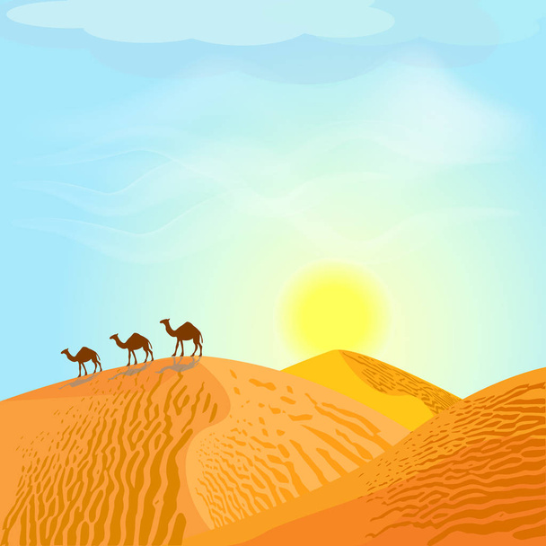 Woestijn met de duinen en kamelen. Zonsondergang in blauwe hemel. Woestijn landschap. Vectorillustratie - Vector, afbeelding