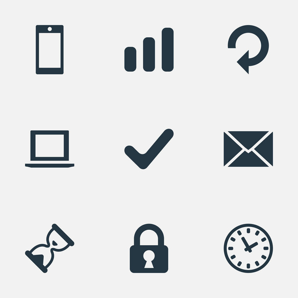 Vektoros illusztráció készlet egyszerű alkalmazás ikonok. Watch elemek, frissítés, jegyzetfüzet és más szinonimák Cellphone, lakat és Ticker. - Vektor, kép