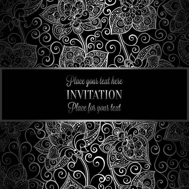 Victorian background with antique, luxury black and silver vintage frame, victorian banner, damask floral wallpaper ornaments, invitation card, baroque style booklet, fashion pattern, template - Vector, Image