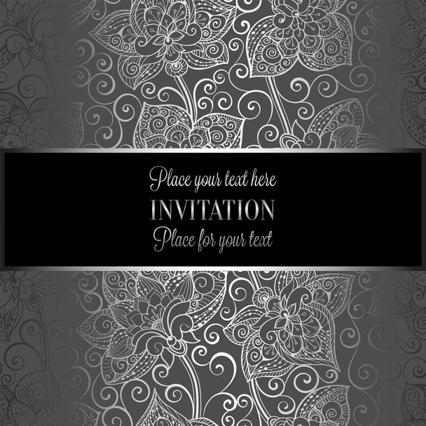 Victorian background with antique, luxury black and silver vintage frame, victorian banner, damask floral wallpaper ornaments, invitation card, baroque style booklet, fashion pattern, template - Vector, Image