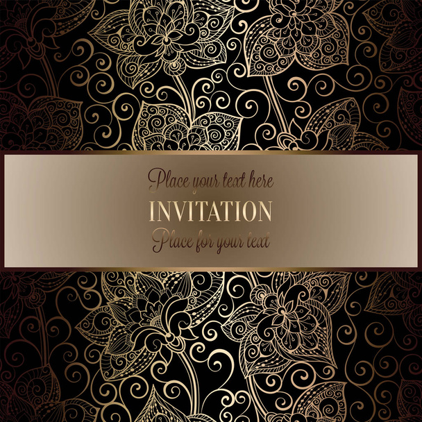 Victorian background with antique, luxury black and gold vintage frame, victorian banner, damask floral wallpaper ornaments, invitation card, baroque style booklet, fashion pattern, template for desig - Vector, Image