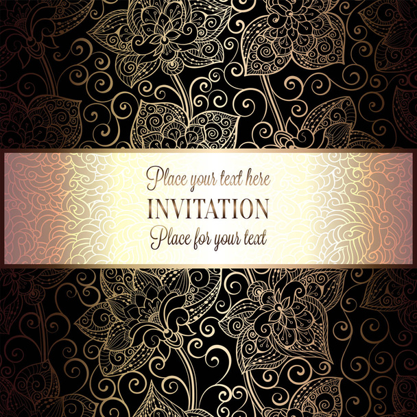 Βικτωριανό φόντο με αντίκες, πολυτελές μαύρο και χρυσό πλαίσιο εκλεκτής ποιότητας, βικτοριανός banner, damask διακοσμητικά floral ταπετσαρία, προσκλητήριο, μπαρόκ στυλ φυλλαδίου, σχέδιο μόδας, πρότυπο για την ονομασία - Διάνυσμα, εικόνα