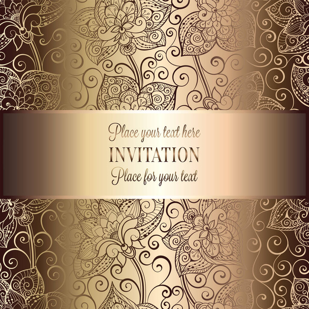 Victorian background with antique, luxury beige and gold vintage frame, victorian banner, damask floral wallpaper ornaments, invitation card, baroque style booklet, fashion pattern, template for desig - Vector, Image
