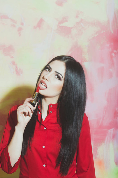 sexy pretty brunette woman with fashionable red lipstick - Fotografie, Obrázek